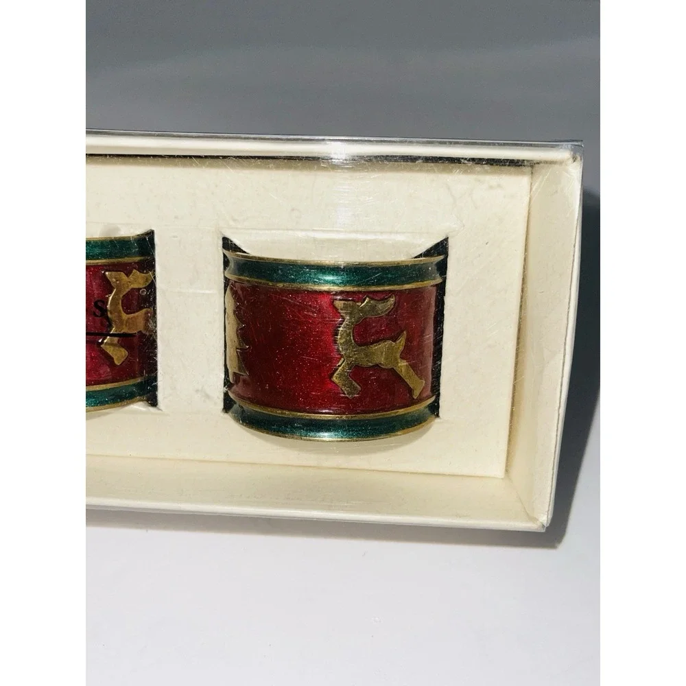 Pier 1 Brass & Enamel Reindeer Christmas Tree Napkin Rings Set of 4 Vintage NIB
